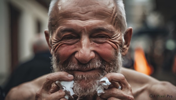 solo,looking at viewer,1boy,holding,closed mouth,white hair,male focus,blurry,depth of field,blurry background,facial hair,portrait,beard,realistic,mustache,bald,manly,old,old man,wrinkled skin,food,scar,eating,holding food,marshmallow