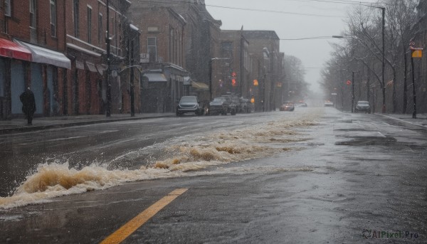 outdoors,sky,tree,no humans,ground vehicle,building,scenery,motor vehicle,snow,rain,snowing,city,sign,car,road,winter,power lines,lamppost,bare tree,street,utility pole,road sign,grey sky,traffic light,truck,people,crosswalk,day,cloud,water,window,cloudy sky,house