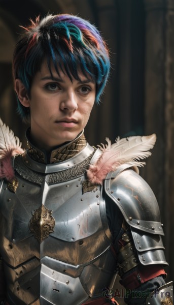 1girl,solo,short hair,bangs,black hair,1boy,brown eyes,closed mouth,blue hair,upper body,male focus,multicolored hair,armor,blurry,black eyes,lips,looking to the side,blurry background,looking away,feathers,shoulder armor,gauntlets,androgynous,freckles,pauldrons,breastplate,realistic,nose,fantasy,very short hair,full armor,chainmail,plate armor,blue eyes