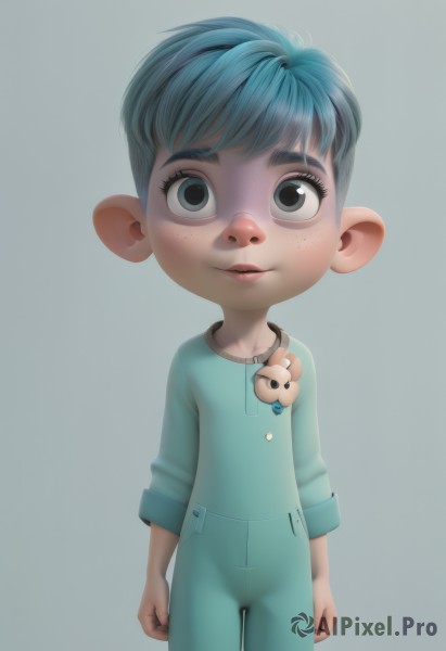 1girl,solo,looking at viewer,short hair,simple background,shirt,1boy,blue hair,standing,male focus,cowboy shot,pants,grey background,black eyes,child,clenched hands,personification,freckles,male child,humanization,blue eyes,pointy ears,realistic,overalls