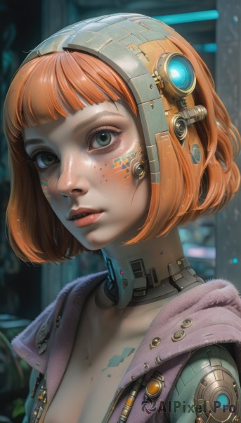 1girl,solo,breasts,looking at viewer,short hair,bangs,blue eyes,cleavage,green eyes,collarbone,upper body,small breasts,parted lips,open clothes,choker,artist name,hood,blunt bangs,orange hair,blurry,lips,eyelashes,tattoo,makeup,blurry background,headgear,heterochromia,bob cut,hood down,portrait,zipper,freckles,science fiction,realistic,nose,android,unzipped,cyborg,robot joints,cyberpunk,jacket,signature,from side,open jacket,hoodie,watermark,facial mark,expressionless,web address,facepaint,button badge