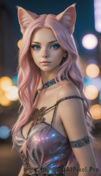 1girl,solo,long hair,breasts,looking at viewer,smile,blue eyes,dress,animal ears,cleavage,bare shoulders,jewelry,medium breasts,closed mouth,underwear,upper body,pink hair,earrings,small breasts,choker,belt,artist name,cat ears,bra,blurry,collar,lips,animal ear fluff,see-through,fox ears,tattoo,makeup,depth of field,blurry background,wavy hair,piercing,strap slip,forehead,buckle,freckles,bokeh,slit pupils,armlet,realistic,nose