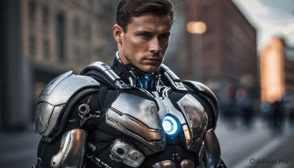 solo,looking at viewer,short hair,brown hair,1boy,brown eyes,closed mouth,upper body,male focus,outdoors,solo focus,armor,blurry,blurry background,facial hair,building,science fiction,realistic,stubble,cyborg,power armor,black hair,bodysuit,beard,power suit