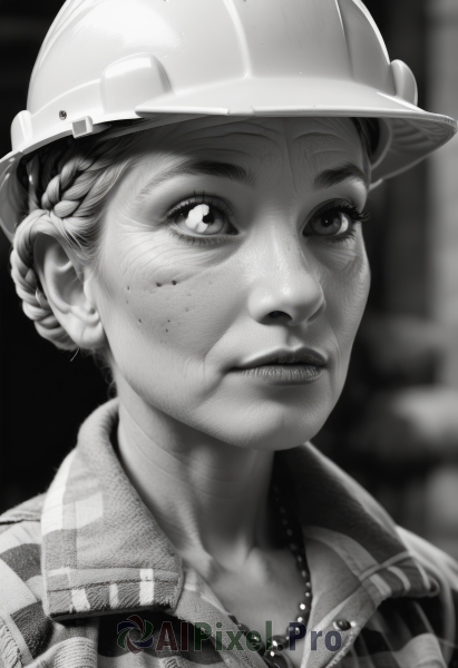 1girl,solo,short hair,hat,jewelry,closed mouth,jacket,monochrome,braid,greyscale,earrings,necklace,hair bun,blurry,lips,blurry background,helmet,portrait,baseball cap,freckles,realistic,nose,signature,eyelashes,zipper