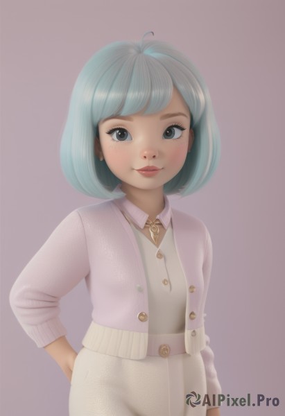 1girl,solo,looking at viewer,smile,short hair,bangs,blue eyes,skirt,simple background,shirt,long sleeves,dress,jewelry,closed mouth,blue hair,jacket,cowboy shot,earrings,open clothes,belt,pants,necklace,black eyes,lips,hand on hip,grey eyes,eyelashes,aqua hair,makeup,buttons,bob cut,cardigan,purple background,hand in pocket,pink jacket,blush,artist name,grey background,white skirt,realistic