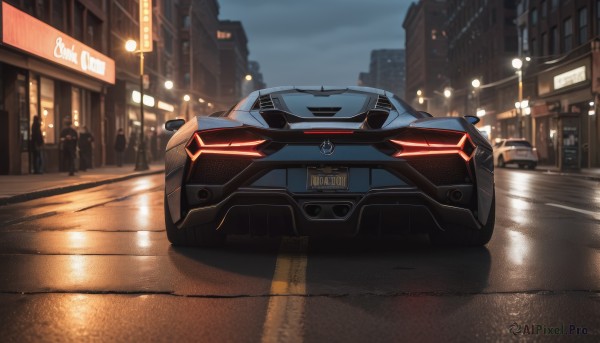 outdoors,sky,cloud,no humans,night,glowing,ground vehicle,building,scenery,motor vehicle,reflection,city,sign,car,road,vehicle focus,police,lamppost,street,lights,sports car,solo focus,rain,multiple others,people