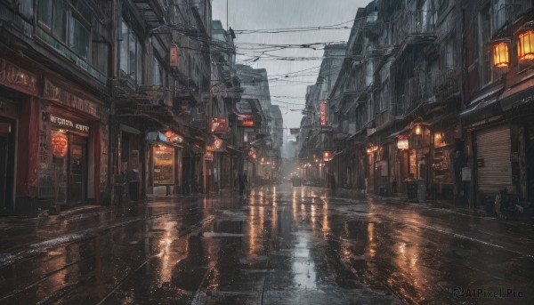 outdoors, sky, cloud, dutch angle, no humans, window, night, building, scenery, rain, city, sign, road, cityscape, power lines, lamppost, street, utility pole, puddle, alley, vanishing point