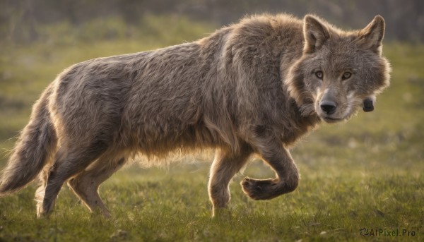 solo,looking at viewer,full body,outdoors,day,signature,blurry,no humans,depth of field,blurry background,animal,grass,running,dog,realistic,animal focus,wolf