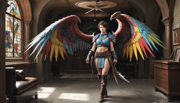 1girl,solo,breasts,short hair,brown hair,navel,holding,brown eyes,jewelry,medium breasts,standing,full body,weapon,boots,wings,midriff,belt,sword,artist name,indoors,holding weapon,armor,high heels,lips,window,brown footwear,knee boots,feathers,knife,shoulder armor,feathered wings,pelvic curtain,walking,pauldrons,arms at sides,dagger,stained glass,multicolored wings,church,spread wings,large wings,looking at viewer,cleavage,bird,realistic,bikini armor,eagle