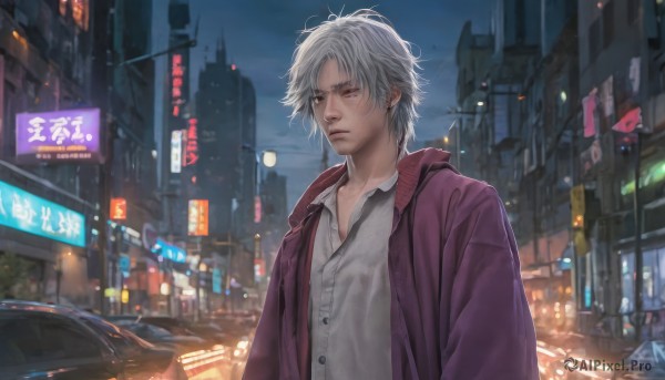 solo,looking at viewer,short hair,shirt,1boy,brown eyes,closed mouth,jacket,white shirt,upper body,white hair,grey hair,male focus,outdoors,open clothes,collared shirt,hood,night,ground vehicle,building,messy hair,motor vehicle,city,realistic,car,road,purple jacket,street,bangs,red eyes,sky,blurry,open jacket,lips,coat,grey eyes,dress shirt,depth of field,blurry background,facial hair,night sky,red jacket,sign,cityscape,lamppost,city lights,neon lights