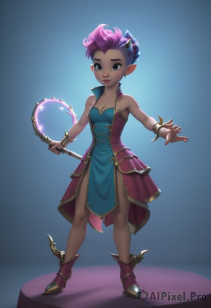 1girl,solo,breasts,looking at viewer,smile,short hair,dress,holding,cleavage,bare shoulders,jewelry,medium breasts,closed mouth,standing,collarbone,full body,pink hair,purple hair,multicolored hair,small breasts,boots,horns,pointy ears,dark skin,bracelet,dark-skinned female,blue background,pelvic curtain,brown eyes,earrings,alternate costume,artist name,strapless,strapless dress,spikes,pink footwear,very short hair,undercut,mohawk