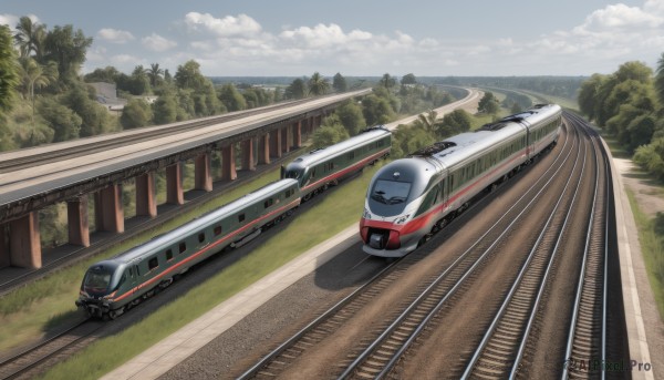 outdoors,sky,day,cloud,tree,blue sky,no humans,grass,ground vehicle,nature,scenery,motor vehicle,forest,car,road,vehicle focus,train,railroad tracks,cloudy sky,mountain,realistic,field,bridge,landscape