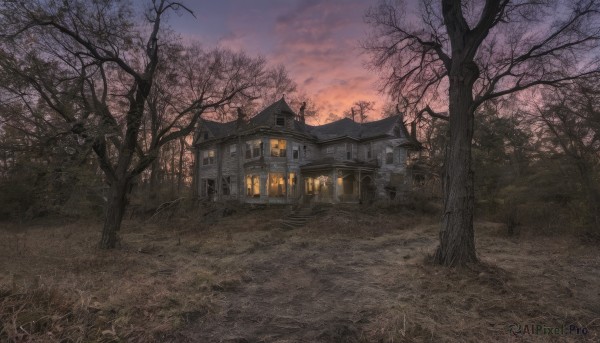 outdoors,sky,cloud,signature,tree,no humans,window,cloudy sky,grass,building,nature,scenery,forest,sunset,road,architecture,house,east asian architecture,bare tree,twilight,evening,gradient sky,path,purple sky,door