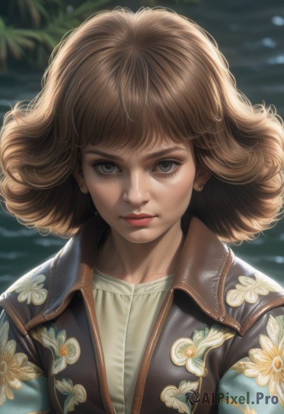 1girl,solo,looking at viewer,short hair,bangs,brown hair,shirt,brown eyes,jewelry,closed mouth,jacket,white shirt,upper body,earrings,outdoors,artist name,signature,medium hair,water,blurry,lips,grey eyes,eyelashes,makeup,depth of field,blurry background,floral print,curly hair,realistic,nose,stud earrings,leather,blue eyes,open clothes,day,open jacket,wind,portrait