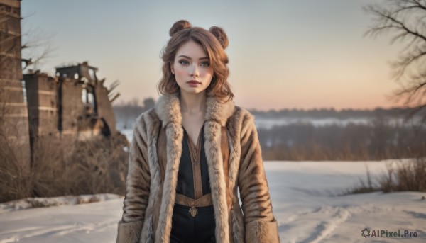 1girl,solo,long hair,looking at viewer,blue eyes,brown hair,long sleeves,animal ears,jacket,upper body,outdoors,parted lips,open clothes,day,blurry,tree,lips,coat,fur trim,depth of field,blurry background,snow,open coat,realistic,winter clothes,winter,brown coat,bear ears,bare tree,breasts,shirt,brown eyes,jewelry,standing,sky,necklace,hair bun,mole,looking to the side,double bun,building,scenery,grey sky