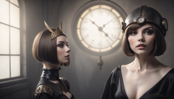 1girl,breasts,short hair,bangs,blue eyes,multiple girls,brown hair,dress,2girls,cleavage,brown eyes,medium breasts,collarbone,upper body,parted lips,indoors,armor,lips,window,makeup,bob cut,helmet,tiara,dual persona,reflection,realistic,nose,clock,steampunk,looking at another,black dress,profile,sunlight,lipstick,eye contact,red lips,roman numeral