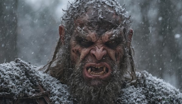 solo,looking at viewer,open mouth,brown hair,1boy,brown eyes,weapon,male focus,outdoors,teeth,pointy ears,armor,tree,facial hair,fangs,portrait,angry,beard,snow,snowing,realistic,black hair,horns,scar,scar on face,scar across eye