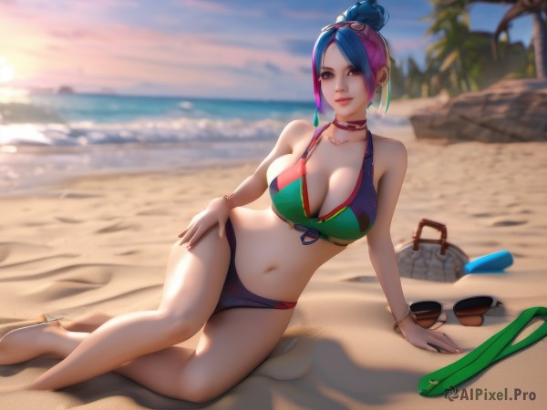 1girl,solo,breasts,looking at viewer,smile,short hair,blue eyes,large breasts,navel,cleavage,bare shoulders,jewelry,blue hair,collarbone,swimsuit,full body,pink hair,bikini,multicolored hair,earrings,outdoors,sky,choker,day,water,necklace,bag,hair bun,nail polish,blurry,high heels,bracelet,two-tone hair,tree,lips,hand on hip,depth of field,blurry background,ocean,arm support,on side,beach,sandals,single hair bun,sunglasses,eyewear on head,multicolored clothes,sunset,sand,palm tree,toenail polish,multicolored bikini,thighs,lying,alternate hairstyle,watermark,pink nails,handbag,eyewear removed,purple choker