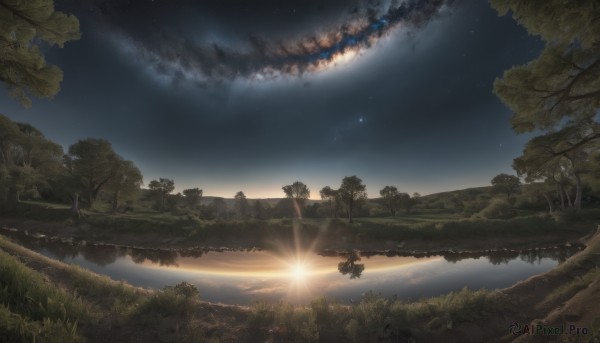 outdoors,sky,cloud,water,tree,no humans,night,sunlight,grass,star (sky),nature,night sky,scenery,forest,starry sky,reflection,sunset,sun,silhouette,river,landscape,lake,1girl,lens flare,sunrise,reflective water