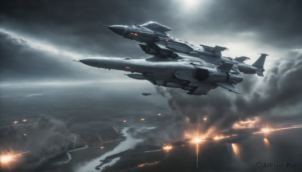 HQ,sky,cloud,military,no humans,ocean,cloudy sky,fire,smoke,flying,science fiction,realistic,aircraft,military vehicle,airplane,watercraft,explosion,vehicle focus,ship,contrail,spacecraft,jet,warship,missile,fighter jet,scenery,city