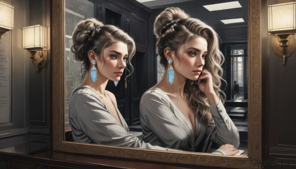 1girl,solo,long hair,breasts,blue eyes,blonde hair,large breasts,brown hair,shirt,hair ornament,long sleeves,dress,cleavage,jewelry,medium breasts,collarbone,upper body,earrings,indoors,hair bun,lips,window,wavy hair,single hair bun,reflection,mirror,lamp,looking at mirror,multiple girls,2girls,looking to the side,makeup,siblings,lipstick,sisters,head rest,realistic,red lips,updo