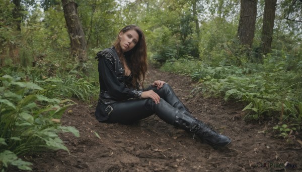 1girl,solo,long hair,breasts,looking at viewer,brown hair,long sleeves,cleavage,brown eyes,jewelry,medium breasts,sitting,closed mouth,jacket,full body,earrings,boots,outdoors,day,belt,pants,necklace,black footwear,tree,lips,black jacket,black pants,knee boots,plant,nature,forest,realistic,leather,on ground,leather jacket,leather pants,blue eyes,parted lips,from side,fingernails,head tilt,makeup,leaf,ring,grass,denim,buckle,high heel boots,jeans,hand on own knee,leather boots,belt boots