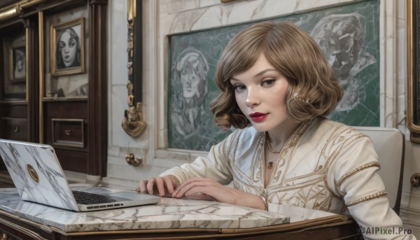 1girl,solo,looking at viewer,short hair,brown hair,shirt,long sleeves,brown eyes,jewelry,sitting,white shirt,upper body,earrings,parted lips,indoors,necklace,lips,makeup,chair,lipstick,instrument,freckles,realistic,red lips,picture frame,drawing,painting (object),map,picture (object),portrait (object)