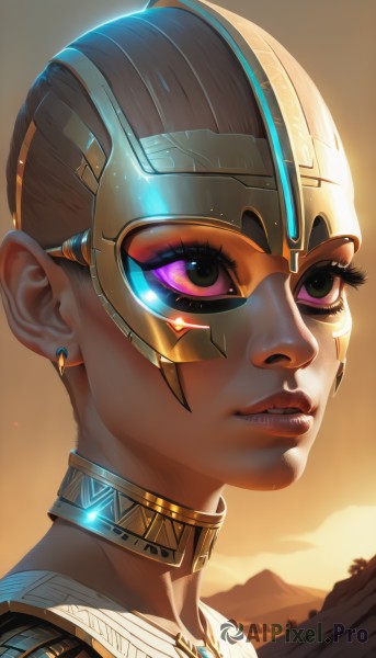 1girl,solo,short hair,brown hair,jewelry,purple eyes,earrings,parted lips,teeth,choker,dark skin,necklace,dark-skinned female,lips,eyelashes,makeup,glowing,headgear,lipstick,portrait,close-up,eyeshadow,science fiction,nose,eyeliner,neck ring,cyborg,sky,backlighting