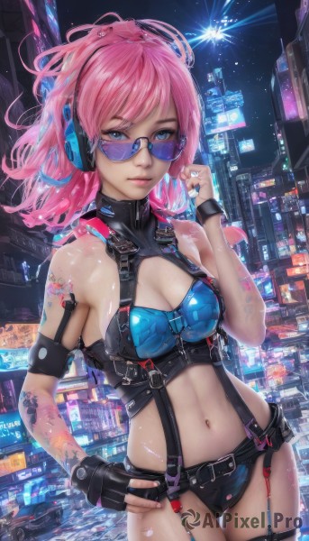 1girl,solo,long hair,breasts,looking at viewer,bangs,blue eyes,thighhighs,gloves,navel,cleavage,bare shoulders,medium breasts,closed mouth,underwear,standing,pink hair,cowboy shot,outdoors,sky,glasses,black gloves,midriff,shiny,belt,fingerless gloves,medium hair,nail polish,lips,crop top,hand on hip,shiny skin,clothing cutout,tattoo,makeup,night,headphones,garter straps,thigh gap,cleavage cutout,sunglasses,ground vehicle,building,motor vehicle,headset,science fiction,pink lips,city,car,cityscape,holster,arm tattoo,tinted eyewear,skyscraper,looking over eyewear,jewelry,ponytail,shorts,sleeveless,black thighhighs,signature,stomach,short shorts,ass visible through thighs,ring,suspenders,armband,single glove,realistic,bustier,cyberpunk,neon lights