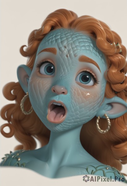 1girl,solo,long hair,looking at viewer,open mouth,blue eyes,simple background,brown hair,white background,jewelry,earrings,teeth,tongue,pointy ears,tongue out,orange hair,lips,colored skin,monster girl,portrait,curly hair,hoop earrings,blue skin,scales,uvula,forked tongue,collarbone,eyelashes,fangs,thick eyebrows,close-up,nose