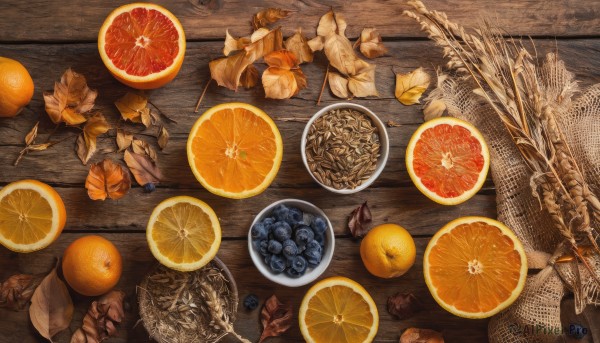 food,no humans,fruit,leaf,table,scenery,plate,fish,realistic,orange (fruit),food focus,lemon,still life,orange theme,lemon slice,orange slice,from above,bowl,grapes,blueberry