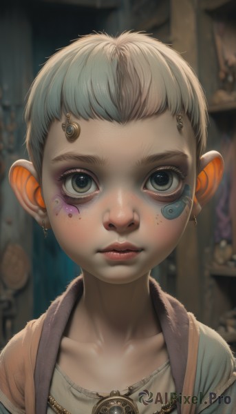 1girl,solo,looking at viewer,short hair,shirt,jewelry,green eyes,collarbone,upper body,grey hair,male focus,earrings,parted lips,necklace,blurry,lips,grey eyes,eyelashes,depth of field,blurry background,facial mark,child,portrait,androgynous,freckles,nose,very short hair,blue eyes,pointy ears,artist name,realistic