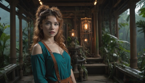 1girl,solo,long hair,breasts,looking at viewer,blue eyes,brown hair,shirt,cleavage,bare shoulders,brown eyes,medium breasts,closed mouth,collarbone,upper body,outdoors,day,indoors,off shoulder,tree,lips,buttons,wavy hair,suspenders,blue shirt,plant,messy hair,curly hair,lantern,realistic,nose,off-shoulder shirt,lamp,parted lips,arms behind back,sunlight,scenery