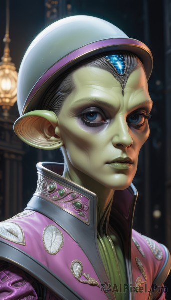 solo,looking at viewer,blue eyes,black hair,1boy,hat,jewelry,jacket,upper body,male focus,earrings,pointy ears,blurry,lips,makeup,blurry background,colored skin,white headwear,gem,portrait,high collar,realistic,nose,pink jacket,green skin,alien,goblin,1girl,eyelashes,forehead jewel