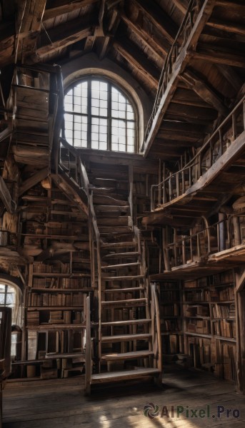 day,indoors,book,no humans,window,shadow,chair,sunlight,scenery,light rays,stairs,bookshelf,library,ceiling,ladder,wooden floor,railing