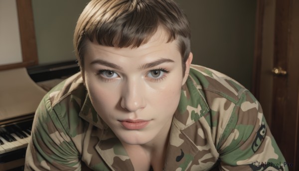 1girl,solo,looking at viewer,smile,short hair,brown hair,brown eyes,closed mouth,upper body,male focus,indoors,uniform,lips,military,eyelashes,military uniform,instrument,freckles,realistic,nose,very short hair,camouflage,piano,camouflage jacket,breasts,bangs,shirt,black hair,1boy,cleavage,medium breasts,close-up,pajamas,green shirt,downblouse