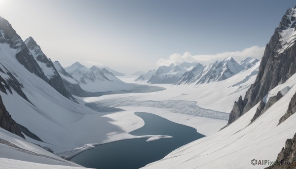 outdoors,sky,day,cloud,water,blue sky,no humans,cloudy sky,scenery,snow,mountain,landscape,mountainous horizon,fog,monochrome,tree,winter