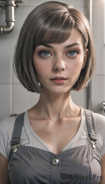 1girl,solo,breasts,looking at viewer,short hair,bangs,blue eyes,large breasts,brown hair,shirt,cleavage,medium breasts,closed mouth,collarbone,white shirt,upper body,short sleeves,indoors,blurry,lips,grey eyes,eyelashes,makeup,buttons,blurry background,swept bangs,bob cut,t-shirt,freckles,realistic,nose,tiles,overalls,tile wall,black hair,parted lips,teeth,artist name,thick eyebrows,mascara