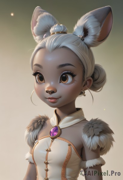 1girl,solo,breasts,smile,short hair,simple background,dress,animal ears,bare shoulders,brown eyes,jewelry,closed mouth,upper body,white hair,grey hair,earrings,small breasts,hair bun,white dress,dark-skinned female,lips,gradient,fur trim,gradient background,single hair bun,brooch,furry,forehead,freckles,brown background,mouse ears,furry female,blush,gloves,detached sleeves,elbow gloves,artist name,rabbit ears,animal ear fluff,eyelashes,double bun,gem,nose