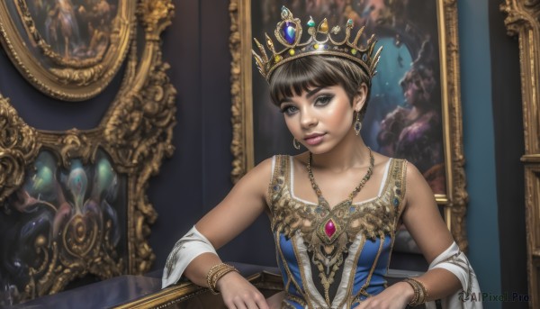 1girl,solo,breasts,looking at viewer,short hair,brown hair,black hair,dress,brown eyes,jewelry,sitting,upper body,earrings,dark skin,necklace,bracelet,dark-skinned female,lips,makeup,blue dress,tiara,crown,gem,realistic,nose,throne,bare shoulders