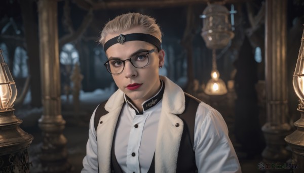 1girl,solo,looking at viewer,short hair,blonde hair,shirt,1boy,brown eyes,jewelry,closed mouth,white shirt,upper body,male focus,hairband,earrings,glasses,artist name,indoors,blurry,vest,lips,coat,makeup,buttons,blurry background,headband,lipstick,black-framed eyewear,lantern,realistic,red lips,candle,blue eyes,signature,grey eyes,black vest,nose,round eyewear,very short hair