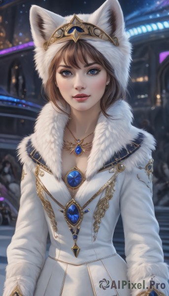 1girl,solo,breasts,looking at viewer,smile,short hair,bangs,blue eyes,brown hair,gloves,long sleeves,hat,animal ears,jewelry,closed mouth,upper body,earrings,outdoors,solo focus,artist name,signature,hood,necklace,blurry,lips,coat,fur trim,eyelashes,makeup,night,depth of field,blurry background,fake animal ears,watermark,lipstick,brooch,gem,pendant,hood up,snowing,animal hood,realistic,nose,white coat,winter clothes,red lips,fur-trimmed sleeves,fur-trimmed coat,winter coat,blue gemstone,fur-trimmed hood,red gemstone,parka,blush,dress,holding,cleavage,medium breasts,standing,parted lips,white dress,white headwear,stairs