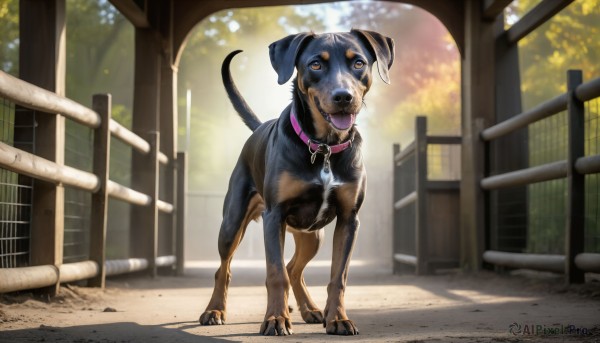 HQ,solo,standing,yellow eyes,outdoors,day,tongue,tongue out,blurry,collar,tree,no humans,animal,dog,realistic,leash,fence,animal focus,animal collar,looking at viewer,open mouth,brown eyes,sunlight,building