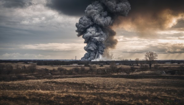 outdoors,sky,day,cloud,water,tree,military,no humans,cloudy sky,fire,building,scenery,smoke,military vehicle,explosion,ground vehicle,motor vehicle,science fiction,monster,realistic,ruins,tank