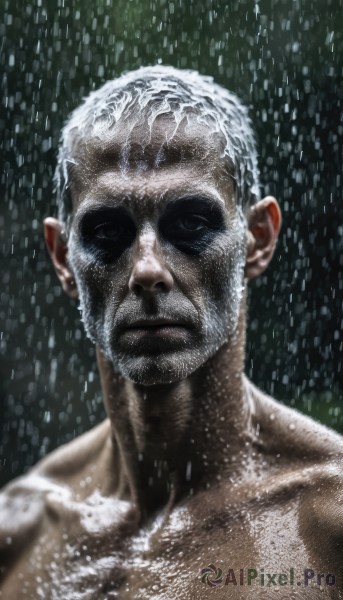 solo,looking at viewer,1boy,closed mouth,collarbone,upper body,white hair,male focus,black eyes,wet,facial hair,portrait,rain,realistic,manly,short hair,closed eyes,nude,muscular,beard,water drop,very short hair