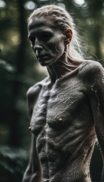 solo,1boy,navel,closed mouth,nipples,upper body,white hair,male focus,nude,blurry,blurry background,realistic,collarbone,depth of field,facial hair,shaded face,chest hair,old man,bodypaint