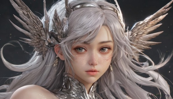 1girl,solo,long hair,looking at viewer,bangs,simple background,hair ornament,bare shoulders,jewelry,white hair,grey hair,hairband,earrings,parted lips,wings,lips,grey eyes,black background,head wings,portrait,freckles,realistic,closed mouth,eyelashes,floating hair,expressionless,feathers,feathered wings,light particles,close-up,nose