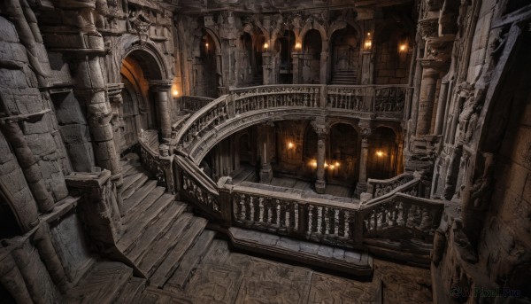 dutch angle,no humans,from above,building,scenery,stairs,city,railing,architecture,bridge,pillar,arch,column,indoors,light,candle,ruins,statue,church,stone floor