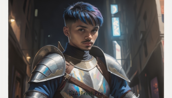 1girl,solo,looking at viewer,short hair,bangs,black hair,1boy,brown eyes,jewelry,closed mouth,blue hair,upper body,male focus,multicolored hair,earrings,outdoors,dark skin,armor,blurry,black eyes,two-tone hair,dark-skinned female,lips,blurry background,facial hair,dark-skinned male,shoulder armor,pauldrons,breastplate,very short hair,undercut,chainmail,eyebrow cut,night,beard,shoulder pads