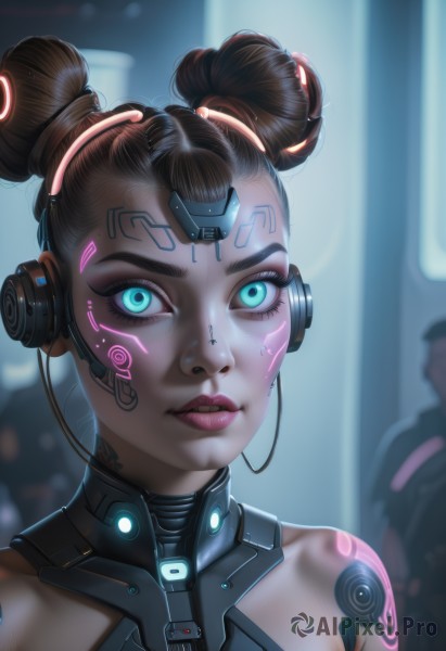 1girl,solo,looking at viewer,short hair,blue eyes,brown hair,bare shoulders,upper body,solo focus,dark skin,hair bun,blurry,aqua eyes,dark-skinned female,lips,double bun,tattoo,makeup,blurry background,glowing,headgear,headphones,portrait,headset,science fiction,nose,android,cable,shoulder tattoo,cyborg,very dark skin,neon trim,cyberpunk,parted lips,eyelashes,bodysuit,facial mark,piercing,lipstick,glowing eyes,close-up,eyeshadow,realistic,eyeliner,facepaint,mascara,nose piercing